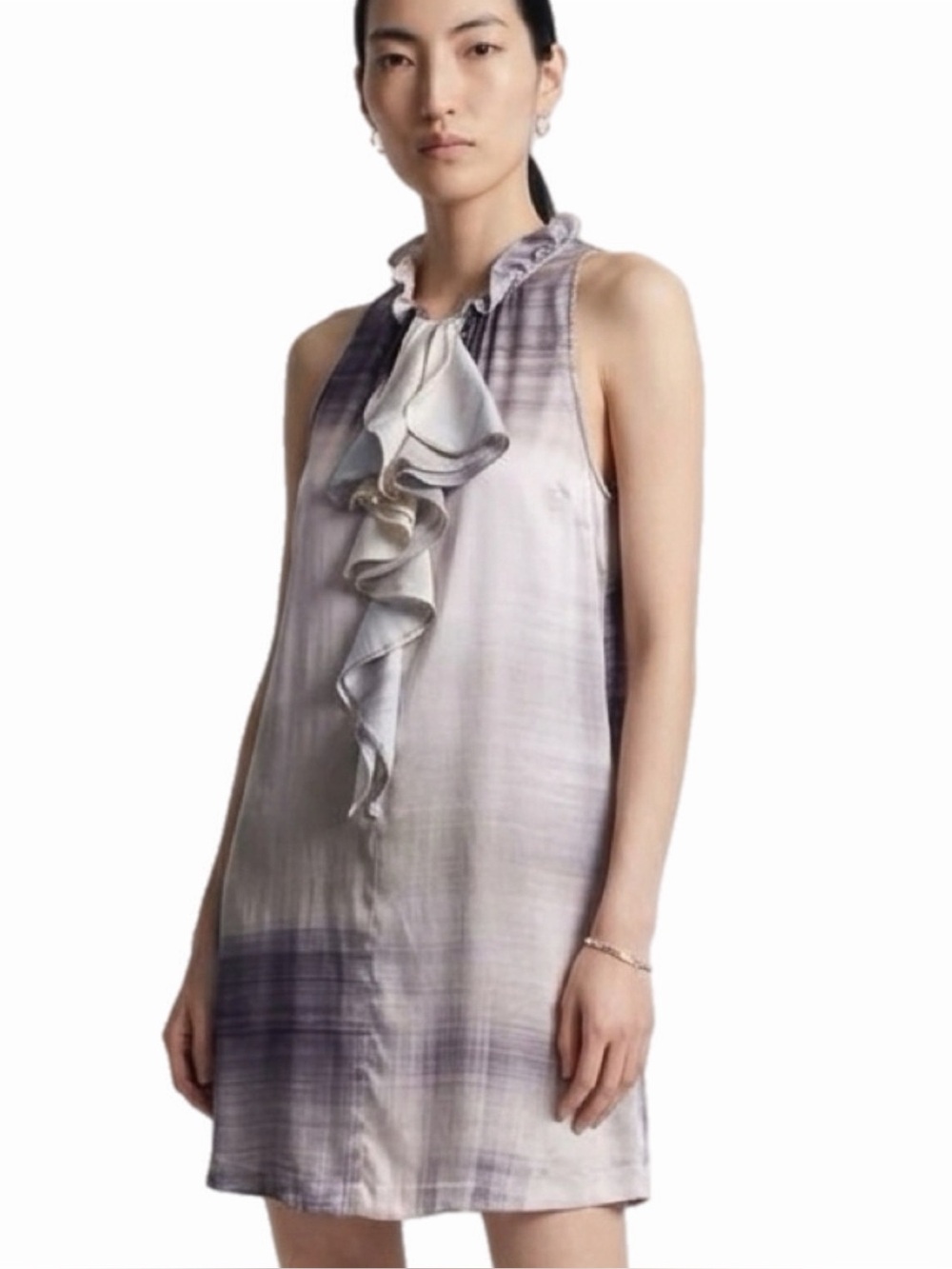 THEORY Coletti Twilight Silver/Gray Silk Shift Dress with Front Ruffles Small